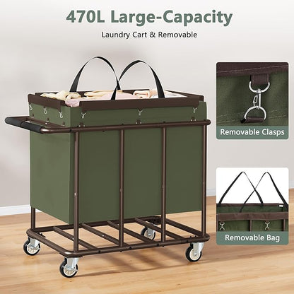 FAVOOSTY 470L Heavy Duty Commercial Laundry Cart with Wheels,Industrial Rolling Laundry Hamper, Extra Large Laundry Basket, Metal Frame for Hotel/Hospital/Home, 440lbs (Green)