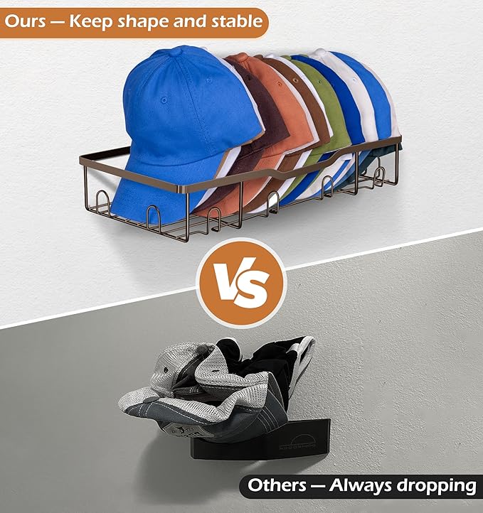 KEETDY Metal Hat Racks for Wall Baseball Cap Organizer Fit 48 Caps Holder, 2 Packs Sturdy Wall Mounted Hat Storage Organizer, Brown