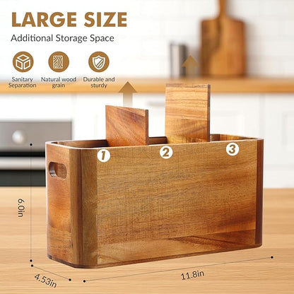 Kitchen Utensil Holder for Counter or Countertop, Extra Large Acacia Wood Organizer with 3 Compartments, Wooden Storage for Cooking and Silverware, Rustic Minimalist Decor, Sturdy Utensil Crock