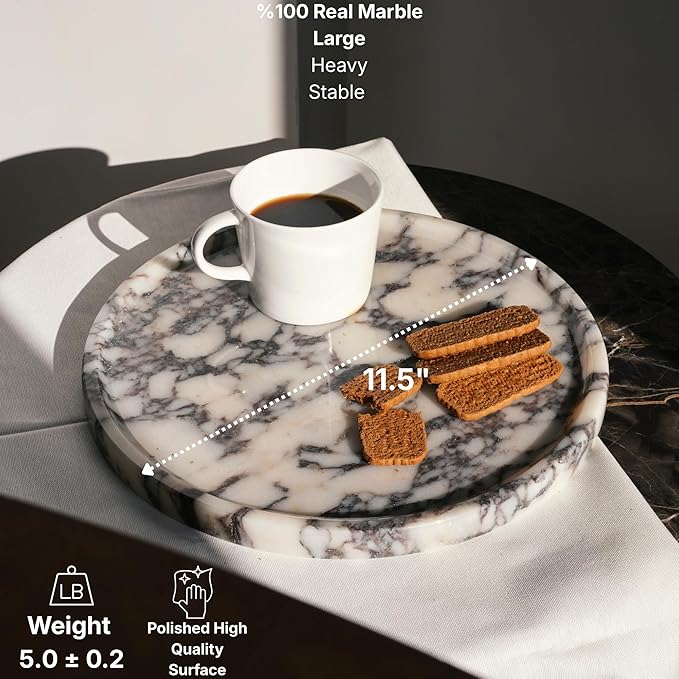 Calacatta Viola Marble Tray, Elegant Natural Stone, Round Marble Decorative Tray for Vanity, Bathroom, Kitchen and Home Decor, Premium Packaging, Large (11.5"), 5 lbs