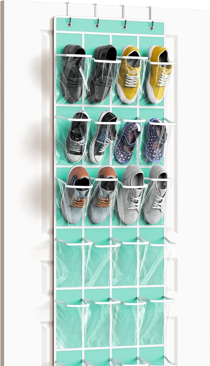 Simple Houseware 24 Pockets - Crystal Clear Over The Door Hanging Shoe Organizer, Turquoise (64'' x 19'')