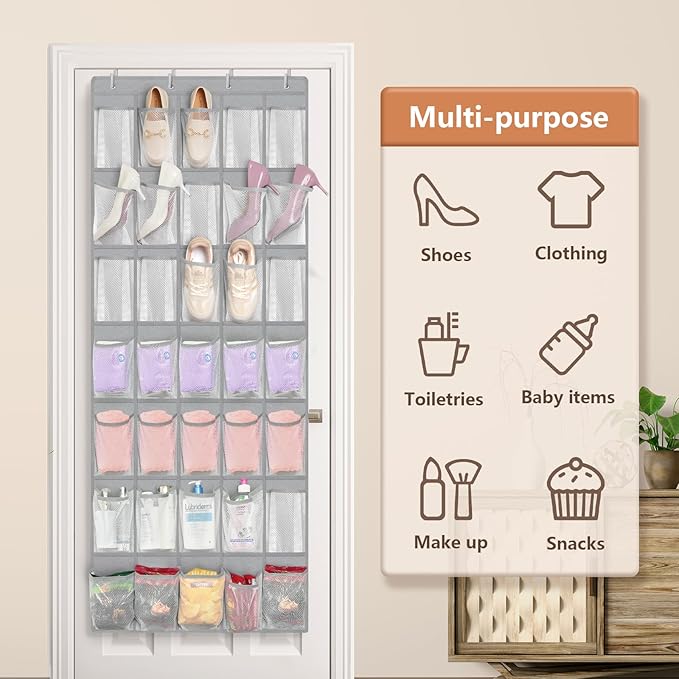 FENTEC 35 Large Pockets Over The Door Shoe Organizer, Mesh Hanging Shoe Organizer Shoe Rack for Closet Mesh Closet Shoe Holder, Over Door Organizer, Shoe Organizer for Wall, Grey, 1 Pack