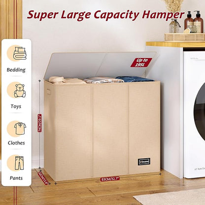 195L Laundry Hamper 3 Section,Large Laundry Hamper with Lid,Dirty Clothes Hamper with 3 Inner Bags,Collapsible Laundry Basket Organizer for Laundry Room,Bedroom,Laundry Sorter Hamper 3 Compartment