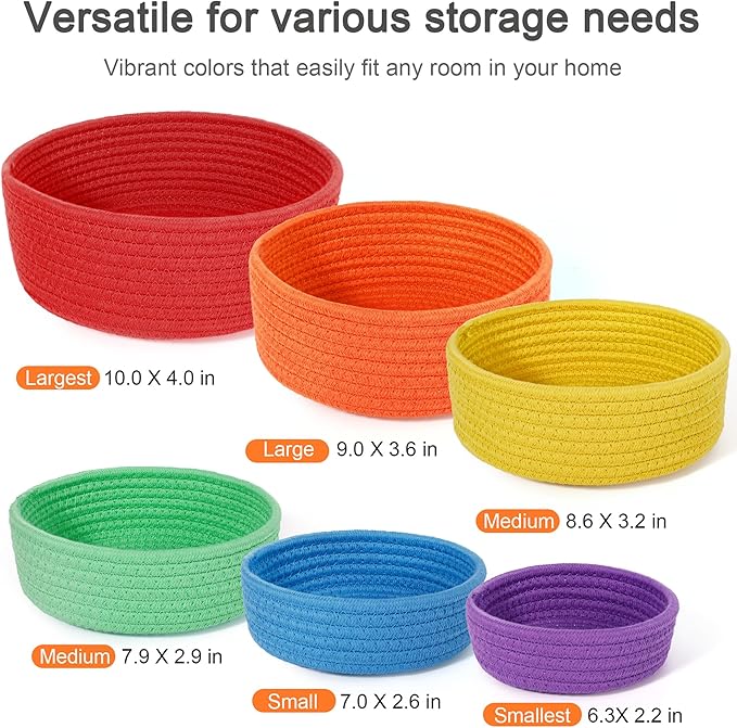 6 Pack Woven Storage Baskets for Organizing, Cotton Rope Rainbow Baskets for Shelves, Cute Colorful Cubby Round Bins, Home Decor Closet Organizer