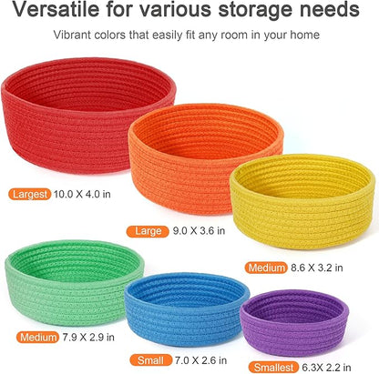 6 Pack Woven Storage Baskets for Organizing, Cotton Rope Rainbow Baskets for Shelves, Cute Colorful Cubby Round Bins, Home Decor Closet Organizer
