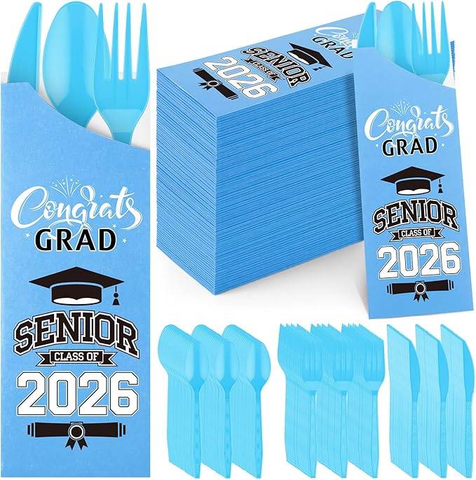 Funnymoom 400 Pcs 2026 Graduation Wrapped Silverware Bags Holder - Disposable Dinnerware Set Includes Plastic Spoons Knives and Forks, Class of 2026 Parties School Congrats Supplies(Blue)