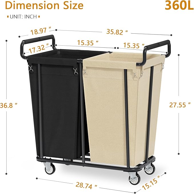 Gewudraw Large Laundry Hamper with Wheels, 2 Bag 360L Big Rolling Laundry Basket Sorter Cart, Extra Large Clothes Hamper, Heavy Duty Laundry Basket Organizer for Laundry Room, Bathroom
