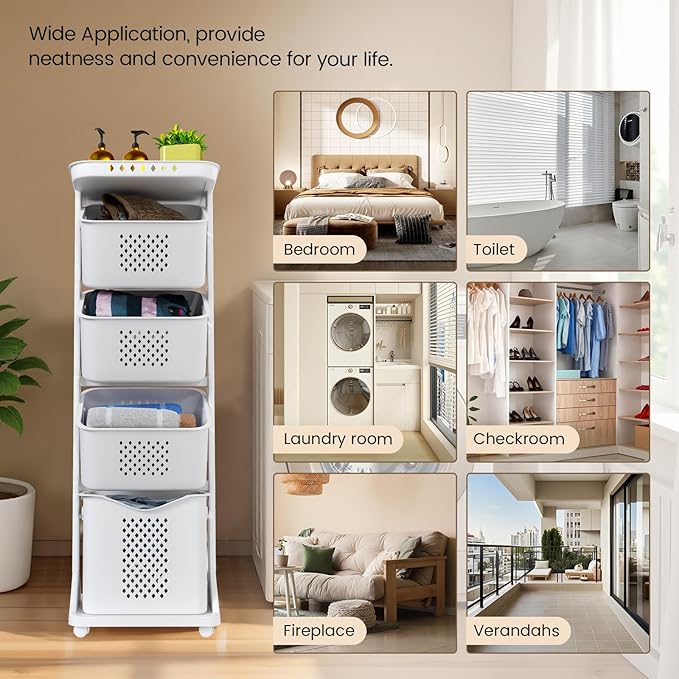 BAOKALER 4-Tier Laundry Hamper Sorter, Vertical Rolling Laundry Baskets with Wheels Removable, Stackable Laundry Cart Organizer and Storage for Small Space, Dorm, Closet, Bathroom