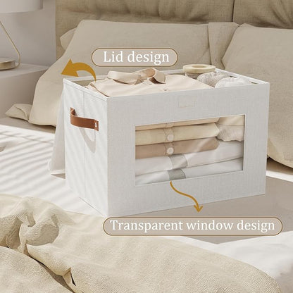 Foldable Storage Baskets with Lids, 13 x 9.1 x 7.9 Inch Closet Organizers for Sock Hat Blanket, Fabric Storage Boxes with Handles, White, 3-Pack