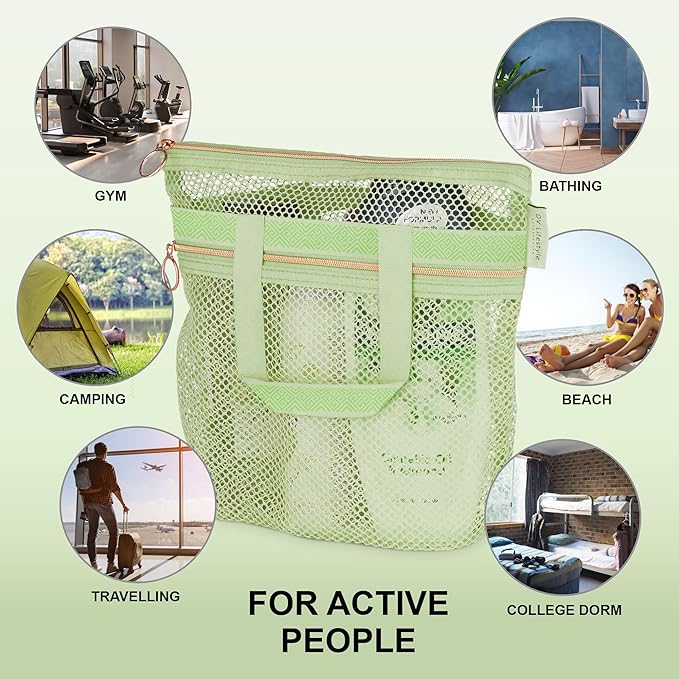 DV Lifestyle Mesh Shower Bag 10.2x9.9'' Quick-Dry Caddy with Zipper & 2 Pockets. Portable Toiletry Tote for Bathroom, Gym, Travel, Camp, Beach, for Sunscreen, Dorm & College Essentials (Light Green)