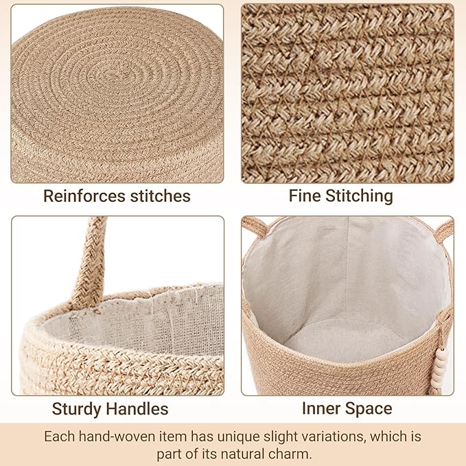 Mkono Tall Wicker Laundry Basket Woven Storage Basket Decorative Natural Rope Basket Wooden Bead Decoration for Blankets,Toys,Clothes,Shoes,Plant Organizer Bin with Handles Living Room 15"Wx17.7"L