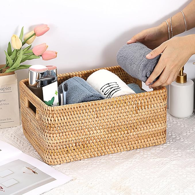 Hipiwe Handwoven Wicker Basket for Organizing Natural Rattan Basket with Handles Rectangular Closet Organizer Bin Multipurpose Storage Box, 13.8" x 9.8" x 6.3"