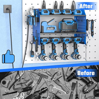ZESEN Power Tool Organizer with Charging Station, Heavy Duty 4 Layer Drill Holder Wall Mount Garage Shelf Rack with 6 Outlet Power Strip, Tool Shelf with Hooks, Drill Bit Rack for Garage, Blue