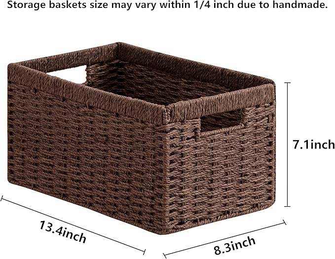 joybest Wicker Storage Baskets, 2pack Hand-Woven Paper Rope Wicker Baskets for Organizing, Foldable Rectangular Storage Organizer Bins for Shelves with Built-in Handles 13.4L x 8.3W x 7.1H, Dark Brown