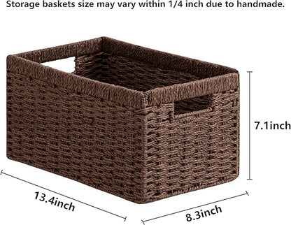 joybest Wicker Storage Baskets, 2pack Hand-Woven Paper Rope Wicker Baskets for Organizing, Foldable Rectangular Storage Organizer Bins for Shelves with Built-in Handles 13.4L x 8.3W x 7.1H, Dark Brown