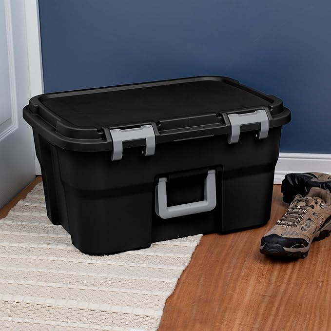 Sterilite 4 Pack Footlocker, 14 Gallon Plastic Storage Container with Latching Lid and Built-In Handles, Black - Large Stackable Bin Home Organizer