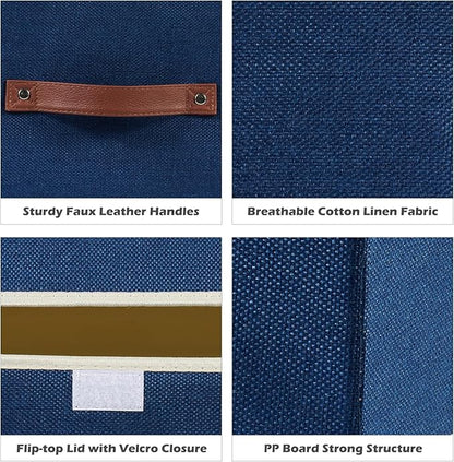 4PCS Storage Cubes with Lid Fabric Bins Boxes PU Leather Handles Cotton Linen Closet Organizer Container Decorative Foldable Washable Shelf Cloth Basket (Flip-top Lid, Deep Blue, 11in)