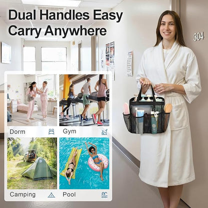 F-color Mesh Shower Caddy Portable - 2 Handles Upgrade Deeper 7 Pockets Basket Bag Tote for College Dorm Room Toiletry Bathroom Essentials Gym Camp Quick Dry with S Hook, 2 Pack, Black & Mint Green