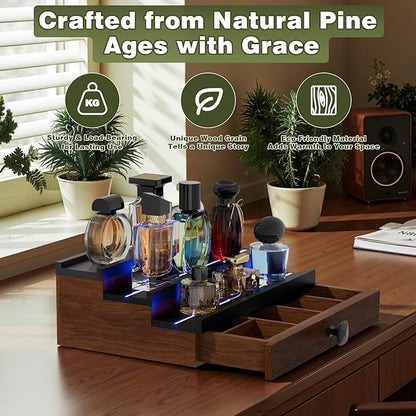 Perfume Cologne Organizer for Men: with LED Light 3 Tier Wooden Perfumes Stand, Desktop Parfum Holder Wood Display Shelf with Cabinet, Bedroom Makeup Lotion Jewelry Storage Rack with Drawer