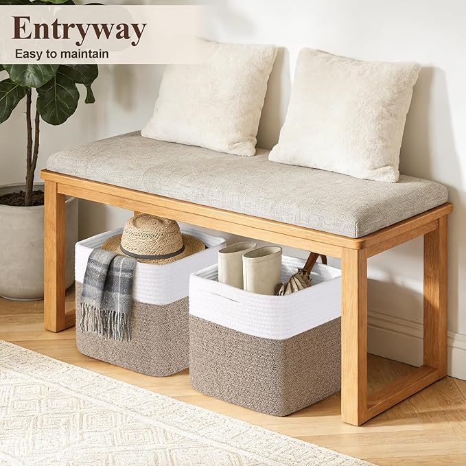 Cube Storage Bins 11 Inch Shelf Cotton Rope Baskets for Organizing, Woven Storage Basket - For Magazines, Living Room, Closet, White+brown 4 Pack