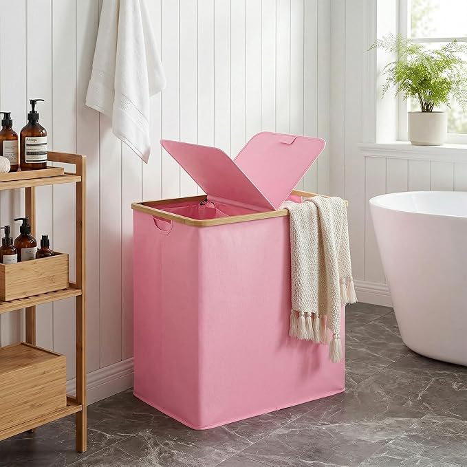 efluky Laundry Hamper with Lid, Double Laundry Basket with 2 Removable Bags, 2 Section Laundry Bin with Bamboo Handles for Bathroom, Bedroom & Laundry Room, 140L (36.9 Gallon) Pink
