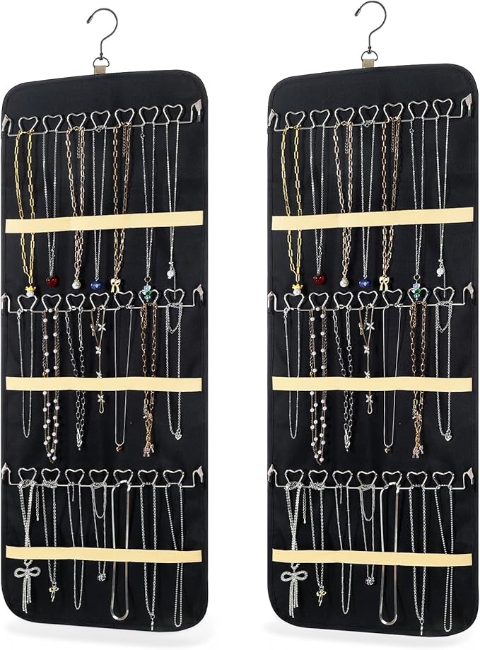 2 Pack Hanging Jewelry Organizer Storage with 48 Pockets and Hooks Dual-Sided Hanging Jewelry Organizers and Storage Hang on Closet, Wall, Door for Earrings, Necklaces, Rings,Blcak