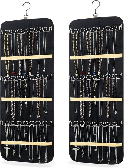 2 Pack Hanging Jewelry Organizer Storage with 48 Pockets and Hooks Dual-Sided Hanging Jewelry Organizers and Storage Hang on Closet, Wall, Door for Earrings, Necklaces, Rings,Blcak