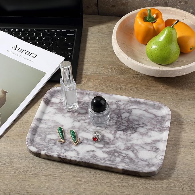 Karibiber Luxury Marble Vanity Tray, Bathroom Tray Countertop, Calacatta Marble/Stone, Home Decorative Dresser Organizer, Storage for Kitchen Sink, Perfume Jewelry Holder(Purple&White)