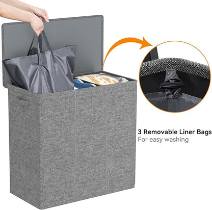 WOWLIVE 180L Laundry Hamper with Lid 3 Section,Large Laundry Basket with Removable Bags and Handles,Collapsible Dirty Clothes Hampers for Laundry,Laundry Basket Organizer for Laundry Room,Dorm,Grey
