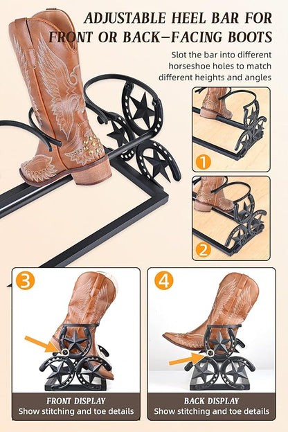 Western Horseshoe Boot Rack, Freestanding Metal Boot Stand for 3 Pairs, Adjustable Cowboy Boot Organizer with Texas Star Ends for Entryway or Mudroom, Gift for Cowboy Boot Lovers, Black