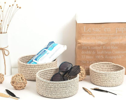 MINTWOOD Design Set of 3 Cotton Rope Nesting Bowls, Small Catch All Basket, Cute Closet Baskets and Bins for Shelves, Mini Table Basket Organizer for Small Accessories, Light Brown