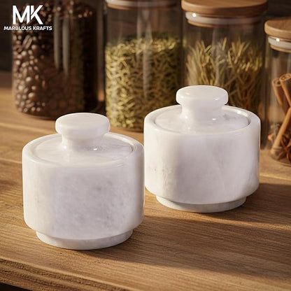 MARBLOUS KRAFTS White Marble Small Salt Cellar with Lid 3 Inch Set of 2 Handmade Stone Salt Container for Countertop, Sugar Bowl, Spice Jar & Salt and Pepper Containers, Kitchen Decor Gift