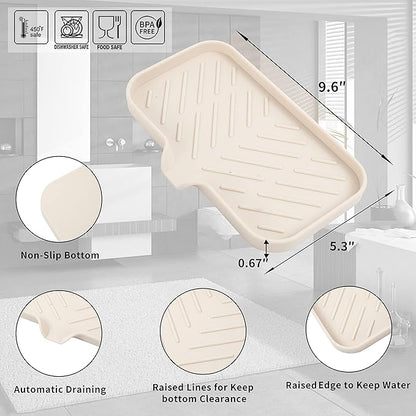 MicoYang Silicone Bathroom Soap Dishes with Drain Spout-Bathroom and Kitchen Sink Organizer,Sponge Holder,Dish Soap Tray,Perfect for Dispenser,Scrubber,Bottle,Cup on Sink or Counter-Tapioca 9.6"×5.3"