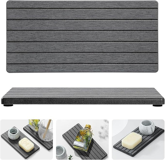 Razborci 2PCS Diatomite Water Absorbing Stone Drying Tray Mat for Bathroom & Kitchen Counter, Instant Dry Drink Bar Coaster, Vanity Sink Caddy Organizer, Dish Soap Sponge Holder, Dark Gray, 8"x3.8"