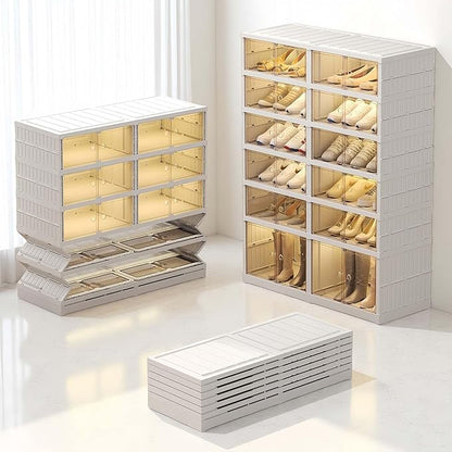 6 Tier 24 Pairs Large Shoe Rack Organizer with Doors, Foldable Collapsible Plastic Shelf, Stackable Storage Cabinet for Closet, Entryway, Hallway, Living Room - Easy Assembly