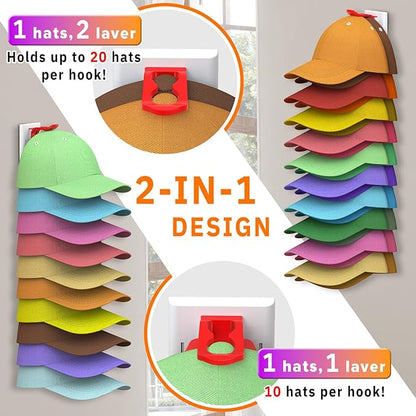 Volnamal Hat Organizer for Baseball Caps, 2 Pack Hold Up to 40 Hats, Hat Rack for Wall Space Saving, Hat Hanger w/Strong Adhesive Hat Storage Holder Display for Closet Door and Wall(White& Color)