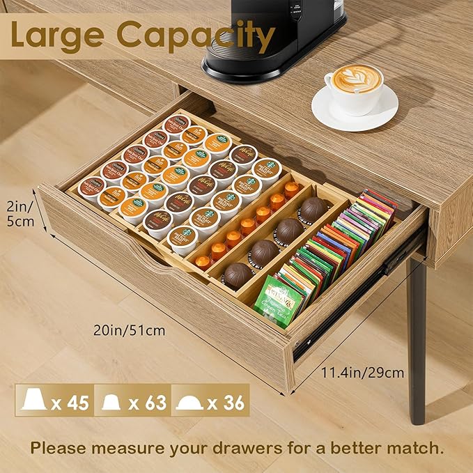 Coffee Pod Holder Drawer, Bamboo K Cup Holder Compatible with Nespresso Vertuo Capsules, 25-45 K Cup Drawer Organizer for Coffee Station Home Office and Kitchen (Bamboo)