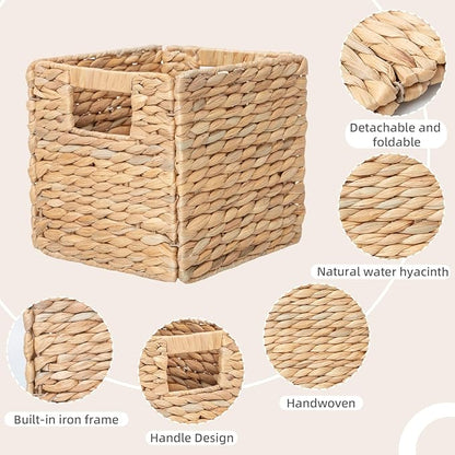YAHUAN Foldable Water Hyacinth Storage Cubes 9X9 Hand Woven Wicker Storage Bins Square Basket Storage Baskets for Shelves (Water hyacinth 2-pack)