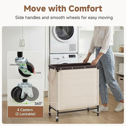 StorageWorks 3 Section Laundry Hamper, Rolling Laundry Cart with Wheels and Handles, Laundry Room Double Sorter for Organizer and Storage, 31.7 Gal(120L), Beige