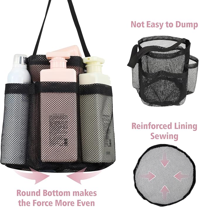 F-color Mesh Shower Caddy Portable, Large Capacity Shower Bag Basket Tote for College Dorm Room Toiletry Gym Rv Essentials, Bathroom Caddy Bag with S Hook, Black