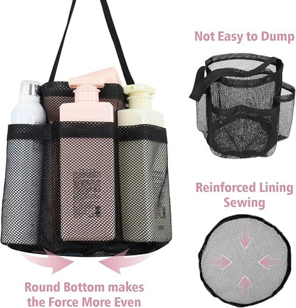 F-color Mesh Shower Caddy Portable, Large Capacity Shower Bag Basket Tote for College Dorm Room Toiletry Gym Rv Essentials, Bathroom Caddy Bag with S Hook, Black