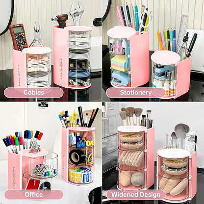 Clear Hair Accessories Organizer & Hair Brush Holder, Rotatable Makeup Brush Holder and Jewelry Storage Box for Hair Clips, Earrings, Necklaces, Rings and Bracelets (Pink, 3-Layer)