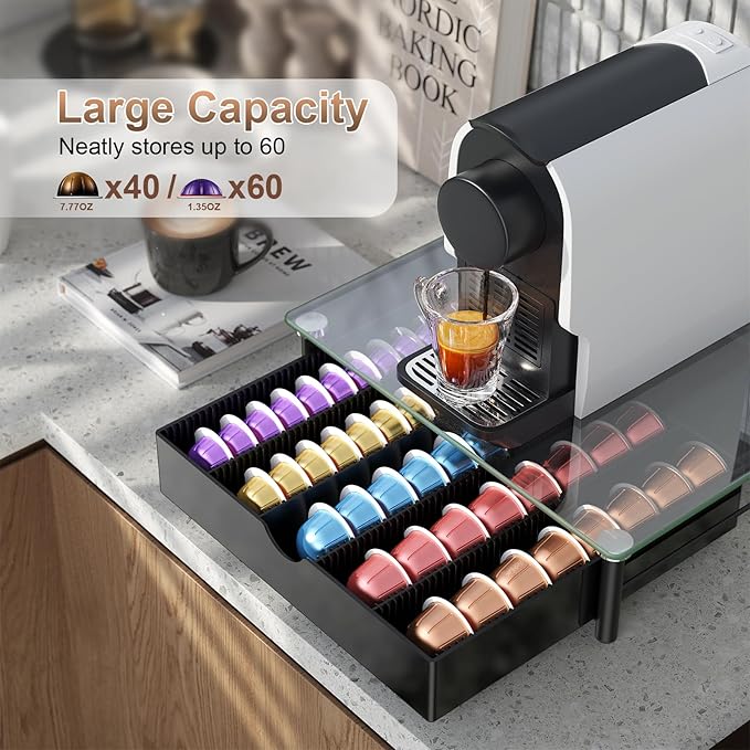 gianotter Crystal Tempered Glass Vertuo Pod Holder Drawer, Compatible with Nespresso Vertuo Capsules, Compatible with 40 Large or 60 Small Nespresso Capsule Organizer (transparent)