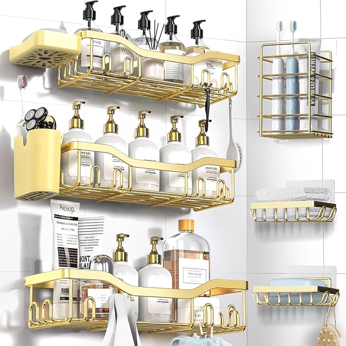 NESOMI Shower Caddy Adhesive Shower Organizer 8-Pack, Rustproof Stainless Steel Bathroom Shelves, Large Capacity No-Drill Rack Storage Accessories with Soap Dish Toothbrush Holder Hooks