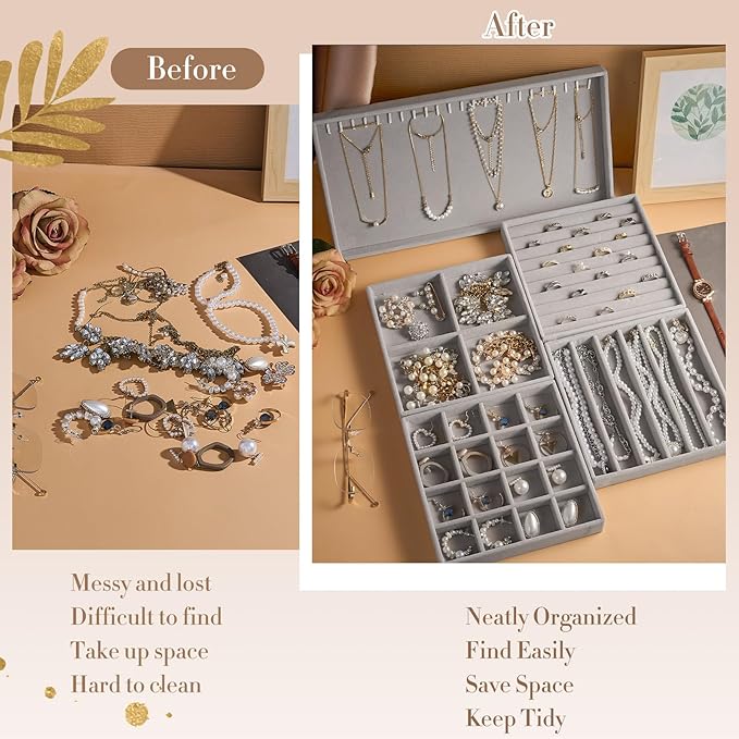 Cinnvoice Set of 10 Stackable Jewelry Organizer Trays for Drawer 14 Inch Velvet Jewelry Drawer Insert Display Storage with Removable Divider for Necklace Earring Ring Watch Bracelet (Gray)