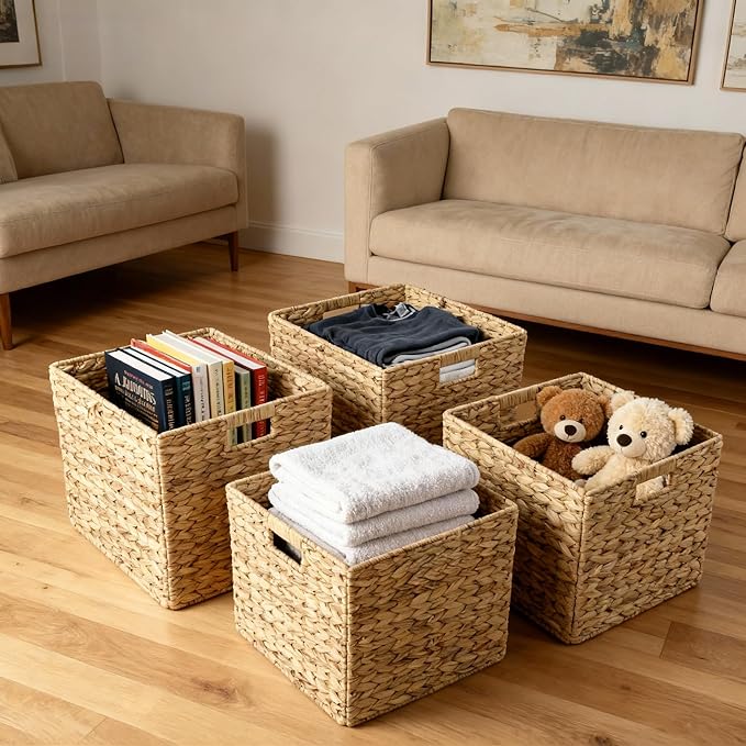 12x12in Storage Baskets,Set of 4 Water Hyacinth Baskets,Wicker Cube Baskets Laundry Organizer,Foldable Handwoven Storage Cubes,for Cube Shelf,Collapsible Laundry Baskets Pantry,Living Room,Bedroom
