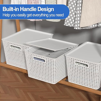 6-Pack Large Plastic Storage Baskets with Lid, Lidded Storage Organizer Bins, White