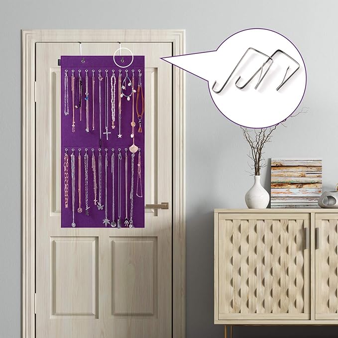 Wall Hanging Jewelry Organizer Storage with 24 Hook Wall Mounted Jewelry Display Hanging on Door Closet Necklace Holder for Bracelet Ring Chain-Patent Design(Purple)