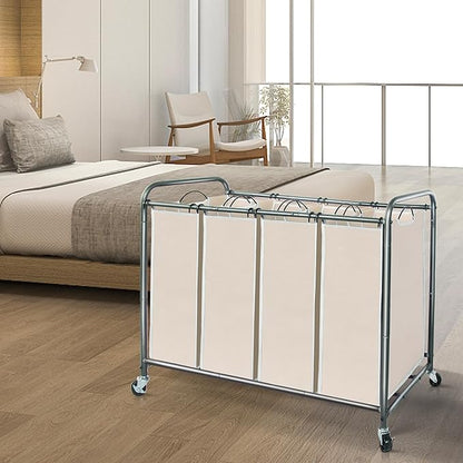 STORAGE MANIAC Laundry Sorter 4 Section, 47.8 Gal (181 L) Laundry Hamper with Wheels, Clothes Divider Basket Sorter, Clothes Separator Hamper Cart with Wheels and Removable Bags, Beige