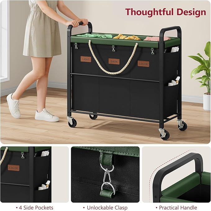 Tajsoon 148L Large Laundry Sorter 3 Section, Laundry Hamper with Heavy Duty Lockable Wheels, Rolling Laundry Basket with Super Sturdy Metal Frame and Handle, Removable Bags & Leather Patchwork, Black
